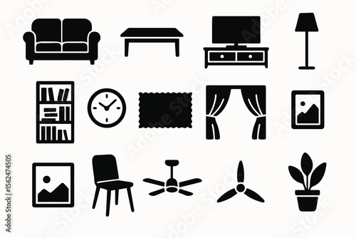 12 black living room icons. Solid vector for furniture, decor, and interior spaces.