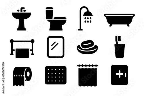 12 black bathroom icons. Solid vector for plumbing, fixtures, and hygiene.
