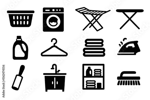 12 black laundry icons. Solid vector for cleaning, chores, and home care.