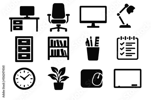 12 black home office icons. Solid vector for work, study, and productivity.