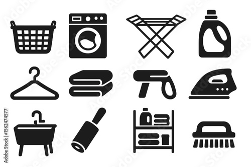Black set of 12 wash icons. Minimal vector for maintenance and utility rooms.