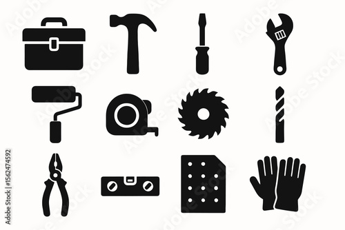 Black set of 12 handyman icons. Minimal vector for renovation and projects.