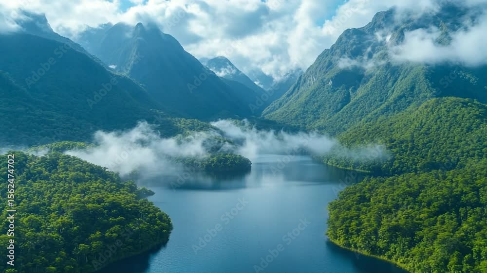 Lush green valley between steep mountains with lake reflecting clouds, peaceful natural scenery in cinematic 4K Lush green valley between steep mountains with lake reflecting clouds, peaceful natural scenery in cinematic 4K