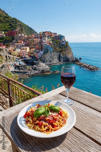 Italian pasta with tomato sauce and wine on wooden table overlooking colorful seaside village and ocean