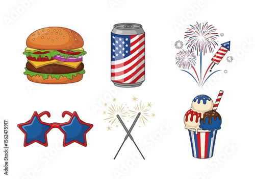 A festive Fourth of July picnic celebrating freedom with burgers fireworks and ice cream bright