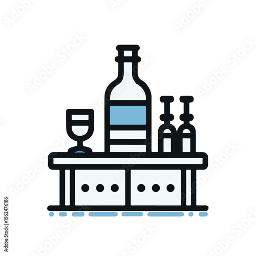 Minibar setup with bottles and glass in modern style  