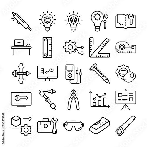 Collection of Engineering Construction and Innovation Icons in a Clean Line Art Style