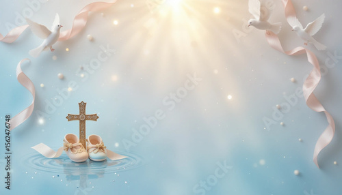 Pastel Baptism Background with Cross, Baby Shoes, and Soft Doves