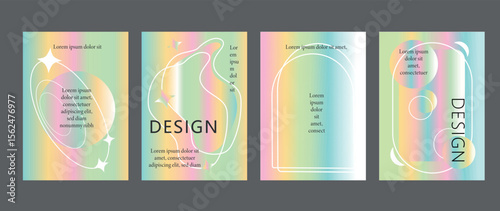 Set of four abstract pastel gradient posters, backgrounds with soft rainbow colors and minimal geometric shapes. Includes elegant white lines, glowing forms, and modern layout design.