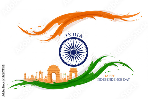 Celebrate India's Independence Day with this dynamic graphic showcasing the Indian flag and iconic monuments in an artistic style.