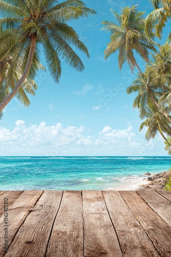 Wooden deck with tropical palm trees overlooking turquoise ocean and blue sky on sunny summer beach day
