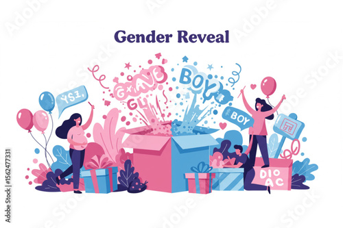 Celebrate gender reveal with excited parents and surprise decorations popping out of gift box for an upcoming family event.