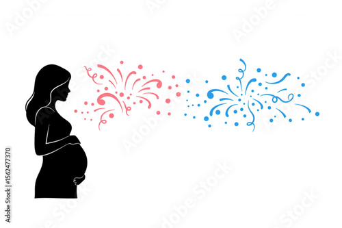 A silhouette of a pregnant woman with pink and blue celebration elements, ideal for a gender reveal or baby shower related designs.