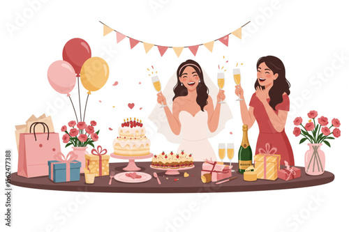 Bridal shower scene with friends toasting, cake, gifts and decorations for invitations, cards or themed party designs.