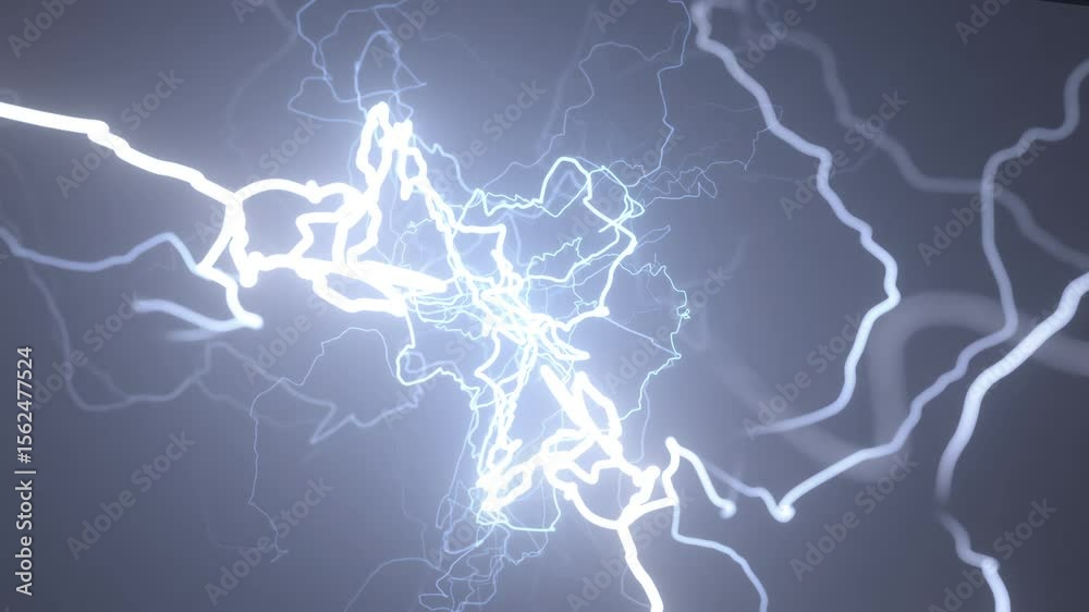 Electric-blue lightning bolt slowly forms and twists through blue fog in dramatic slow motion against dark background. Electric-blue lightning bolt slowly forms and twists through blue fog in dramatic slow motion against dark background.