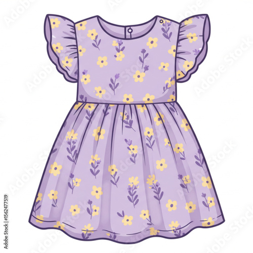 Charming little girl's dress with a floral pattern, perfect for children's designs, apparel graphics, or baby shower projects.