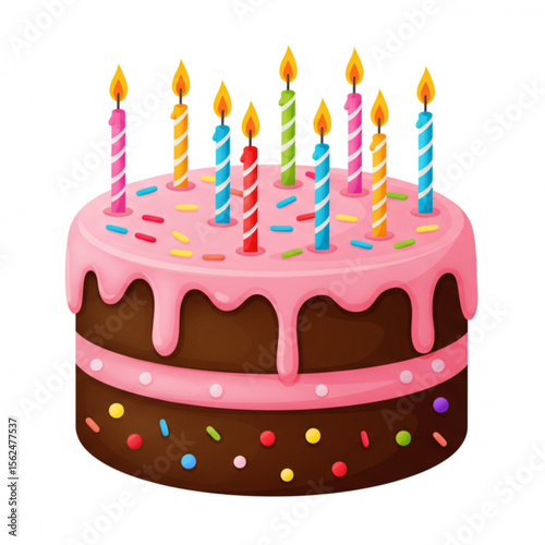A delightful birthday cake design featuring colorful candles, perfect for greeting cards, party invitations, and festive celebration themes.