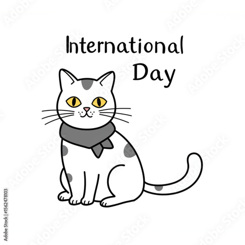 A charming cat with yellow eyes celebrating International Day, designed for greetings, cards, and playful decorations.