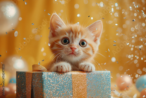 Adorable kitten peeking over a glittery gift box with festive decorations and an orange background