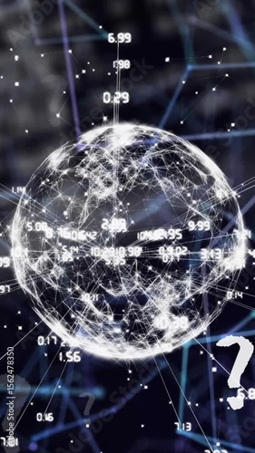 Animation of question mark icons over network of connections and data processing on black background