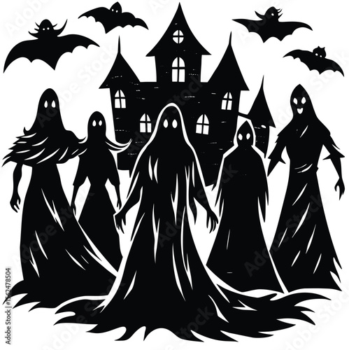 Spooky Gathering: An eerie gathering of specters, silhouetted against the night sky in front of a haunted house, ready to thrill your Halloween or spooky event themed needs.