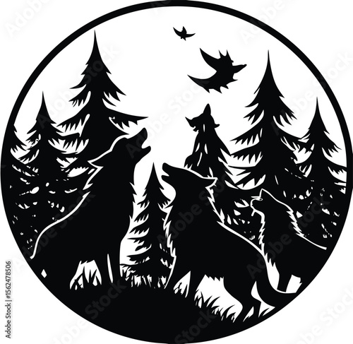 Howling Wolves in the Forest: Silhouette art of wolves howling at the moon in a serene forest, the artistry brings a sense of wildness, nature's serenade.