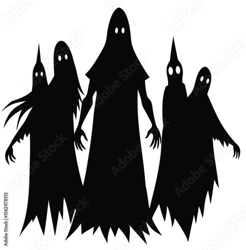 Eerie Gathering of Specters: A shadowy gathering of specters, each with its own spectral form, floats in the dark, their presence exuding an atmosphere of both intrigue and apprehension.
