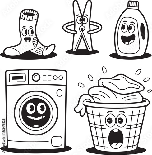 A cartoon vector illustration set of washing machine icons, perfect for household appliance designs