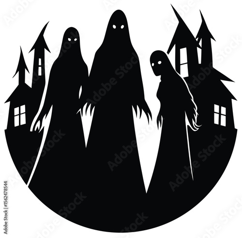 Shadowy Spectre Gathering: A chilling silhouette of spectral figures looms ominously before a haunted mansion, setting a scene of mystery and impending terror.