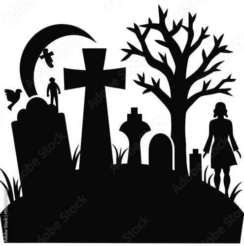 Halloween Silhouette: A spooky and evocative silhouette of a graveyard, under a crescent moon, a woman standing with other silhouette images on the hill . Perfect for Halloween and all spooky themes.