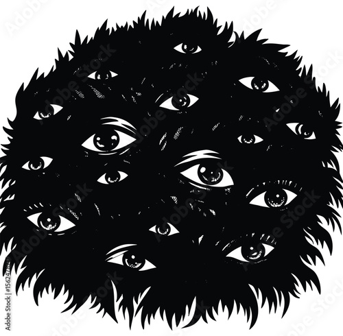 Shadowy Eyes A Cluster of Watching Eyes in the Dark, Mysterious Black and White Illustration