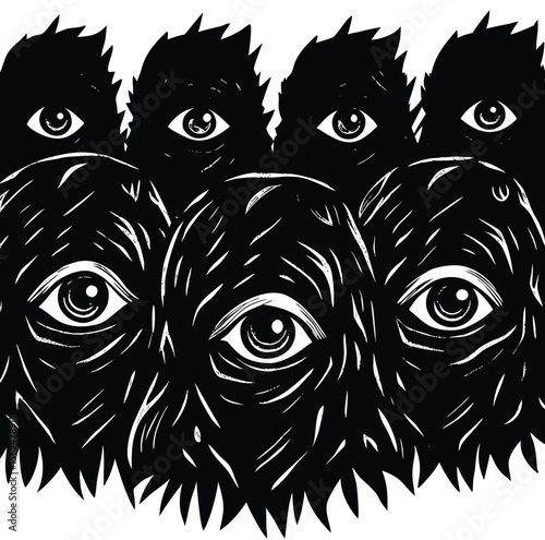 Mysterious Eyes Watching Dark, Shadowy Figures in Monochrome Illustration
