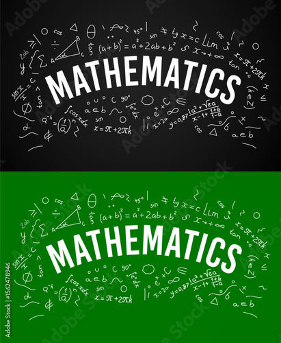 Math formulas on school blackboard, vector mathematics science, education. Background of chalkboard with math formulas, geometric shapes, algebra equations