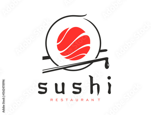 Asian cuisine, Japanese sushi restaurant icon with salmon. Japan seafood cafe meal, Asian restaurant or sushi bar vector emblem or symbol. Sushi roll with salmon, chopsticks and griping sauce sign