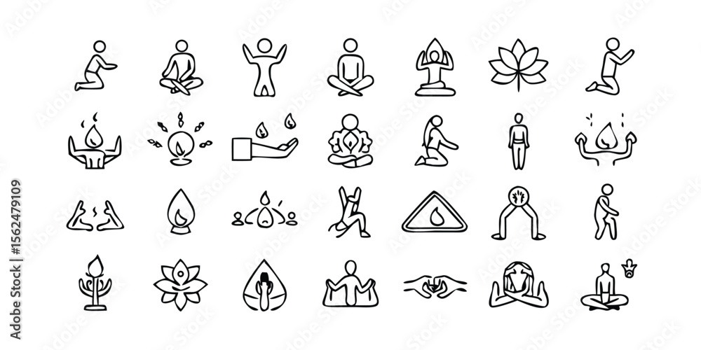 Fototapeta premium Spiritual and Meditation Icon Set in Black and White Outline