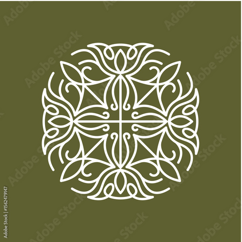 Elegant Symmetrical Floral Mandala Design on Olive Green Background

