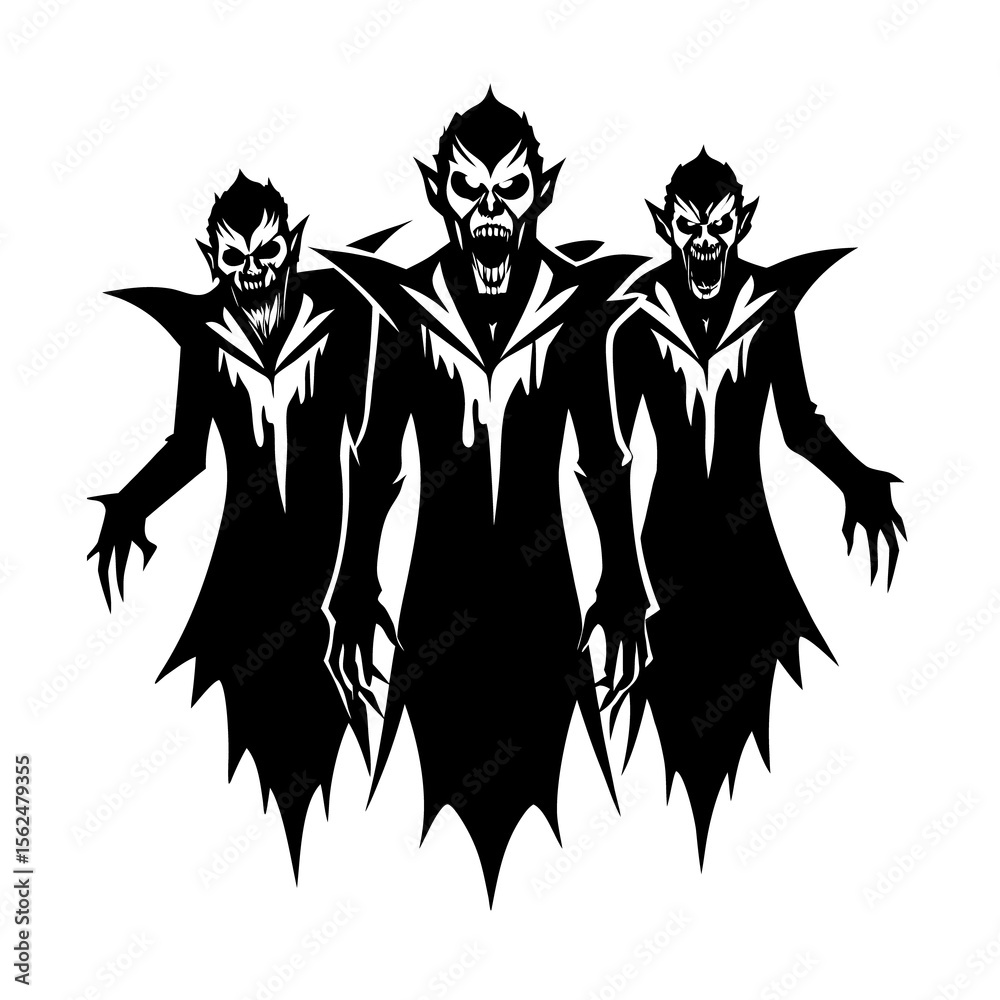 Fototapeta premium Three Vampire Figures Emerging from Darkness Gothic Horror Illustration