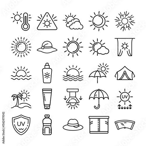 Summer and Sun Protection Icon Set Outlined Symbols for Vacation and Safety