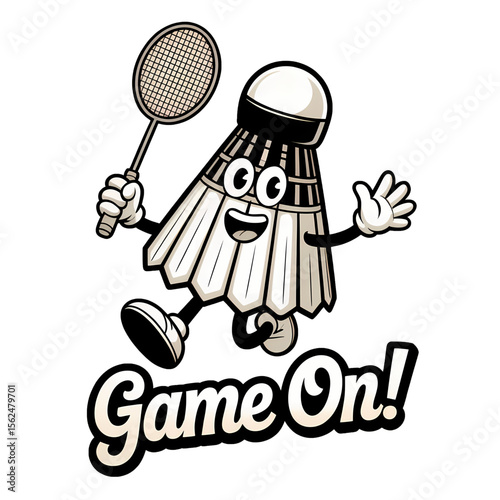 Exciting character holding a racket and shuttlecock in a playful running pose in a sports-themed design
