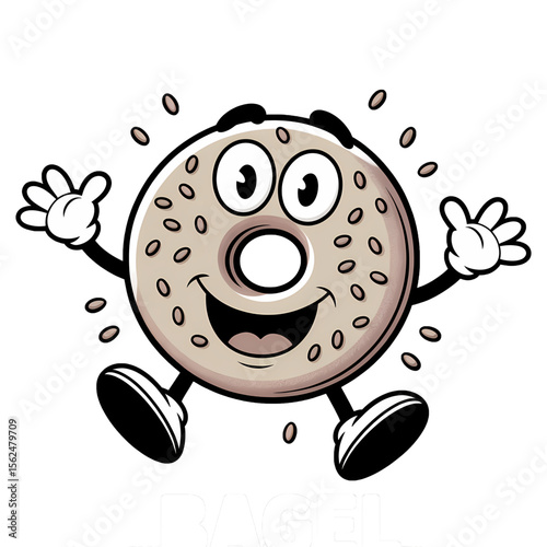 Cheerful cartoon bagel character running joyfully with a smile in a playful illustration