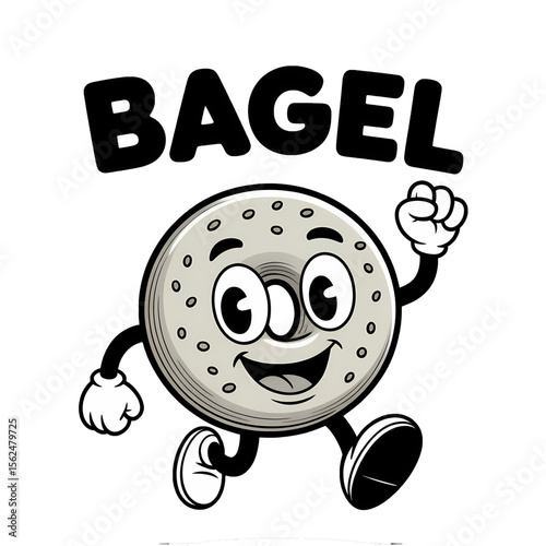 Cheerful cartoon bagel character running joyfully with a smile in a playful illustration