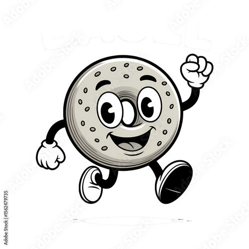 Cheerful cartoon bagel character running joyfully with a smile in a playful illustration