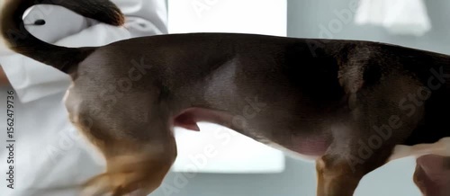 Curious dog examination with vet in clinic setting