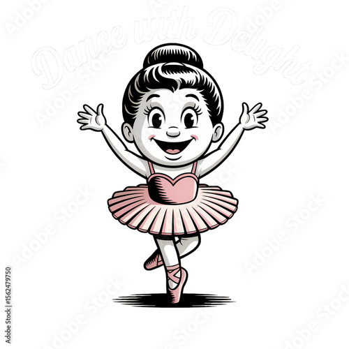 Young ballet dancer performing joyfully with a big smile and arms raised in a welcoming pose