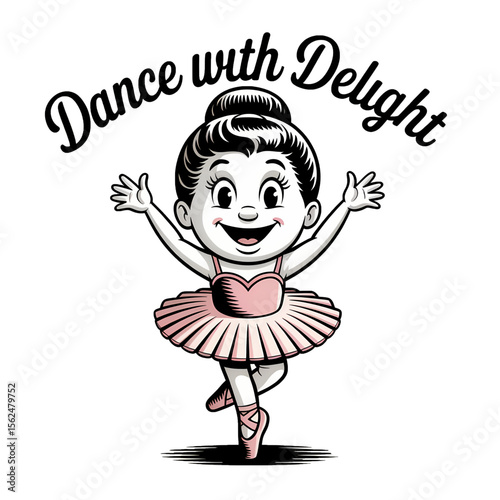 Young ballet dancer performing joyfully with a big smile and arms raised in a welcoming pose