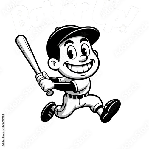 Cartoon boy running with baseball bat in hand, ready to play baseball on a sunny day