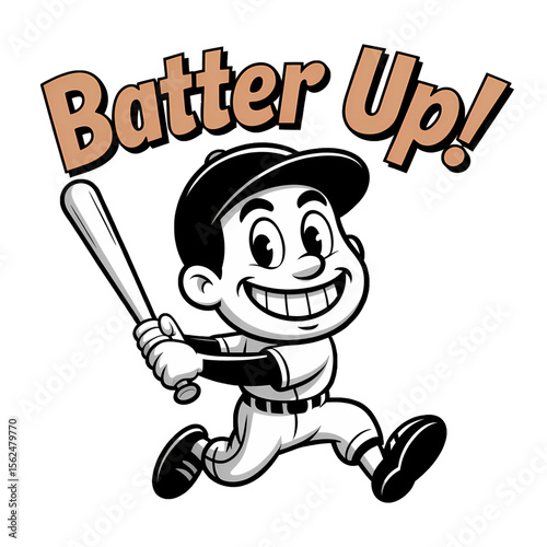 Cartoon boy running with baseball bat in hand, ready to play baseball on a sunny day