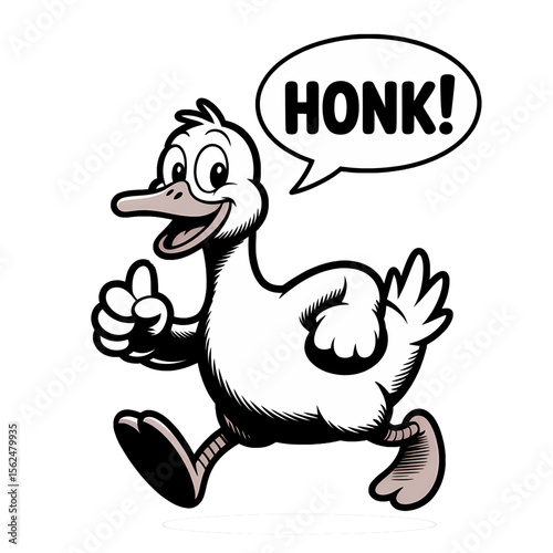 Cheerful cartoon duck walking with excitement making a honking sound in a playful, animated style