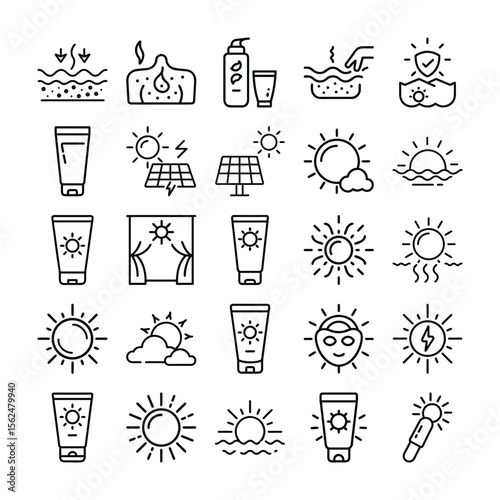 Collection of Line Art Icons Representing Sun Protection Skincare and Solar Energy