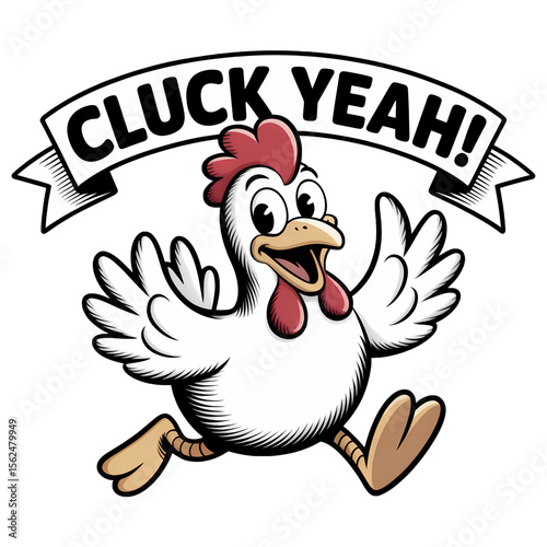 Cartoon chicken character celebrates with excitement in a colorful design and playful text